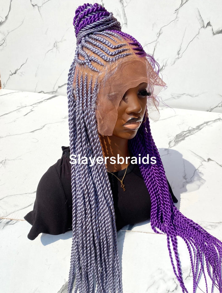30 Inch Purple Gray Full Lace Cornrow Wig -Kirema