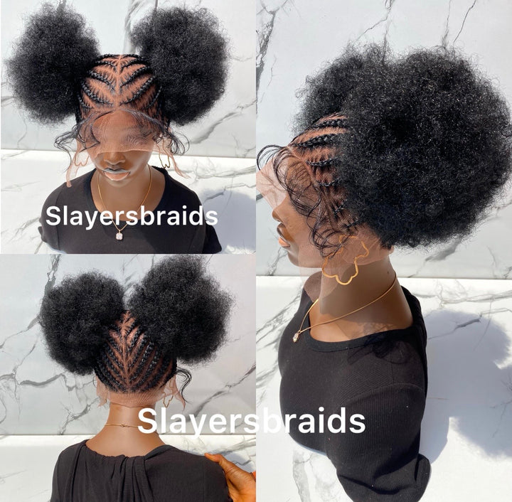 Ready to ship Two Buns Afro Puffs Stitch cornrow Wig