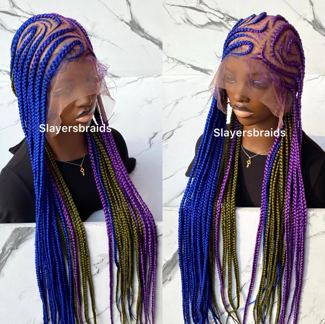 Fulani Braid Wig: Purple, Camo Green, Blue Full Lace Wig -Tise