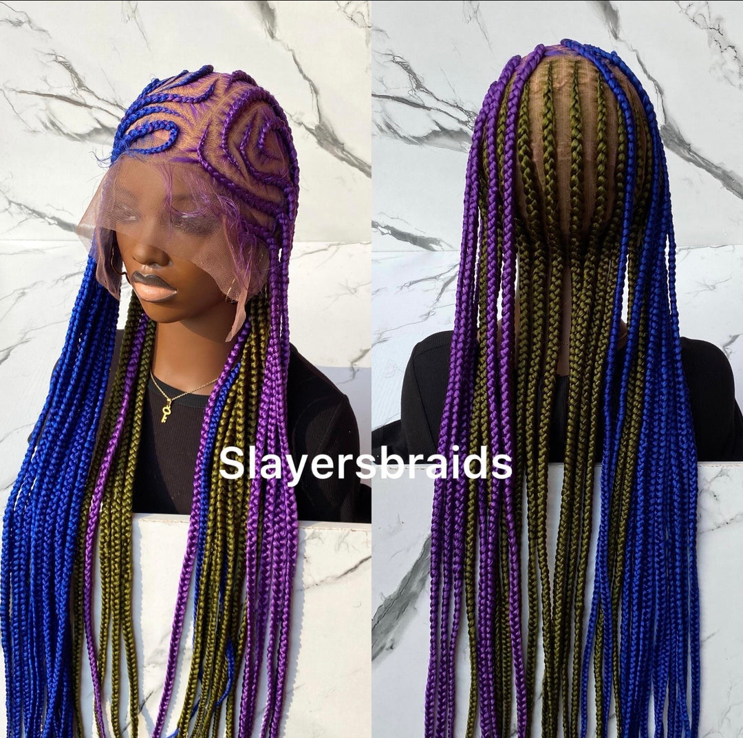 Fulani Braid Wig: Purple, Camo Green, Blue Full Lace Wig -Tise