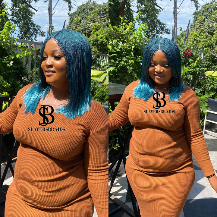 Fast Ship Micro Braids Lace Wig|Easy install hair- Bob Nano unit Teal