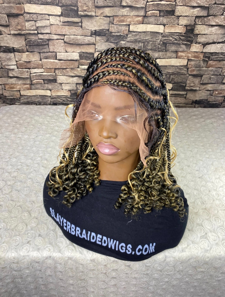 Braided Cornrow Wig: Full Lace Curly Bob, Mix Blonde -Ella Unit