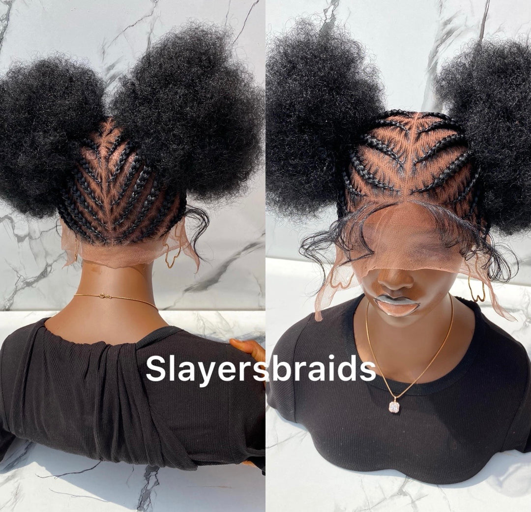 Ready to ship Two Buns Afro Puffs Stitch cornrow Wig