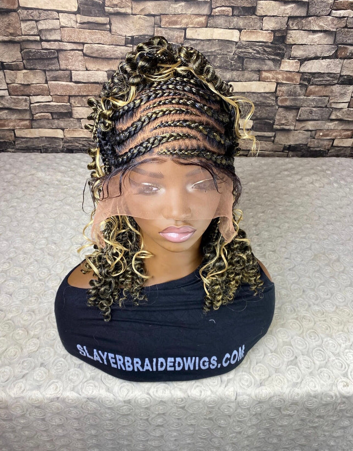 Braided Cornrow Wig: Full Lace Curly Bob, Mix Blonde -Ella Unit