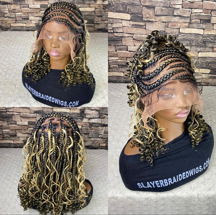 Braided Cornrow Wig: Full Lace Curly Bob, Mix Blonde -Ella Unit