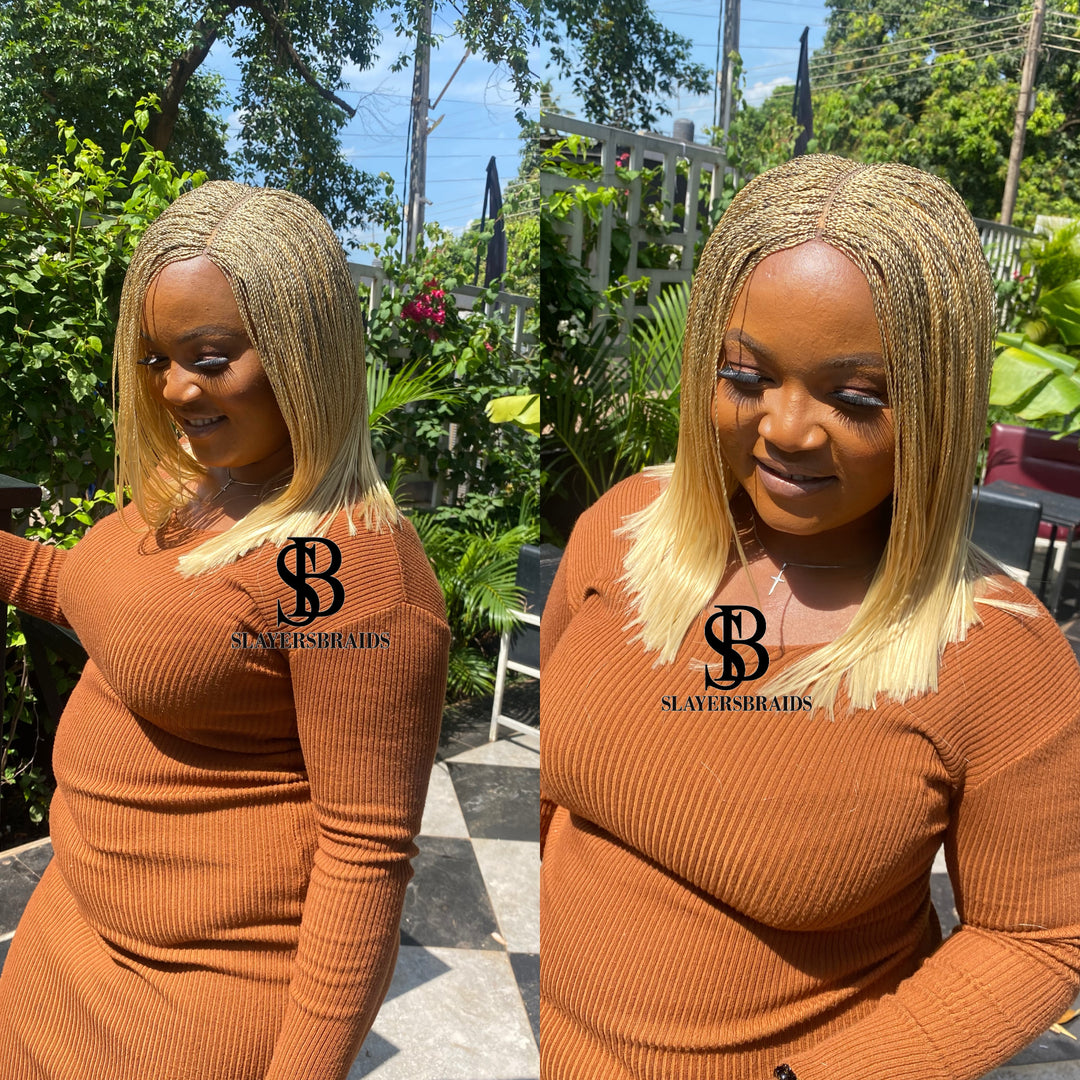 Fast Ship Micro Braids Lace Wig|Easy install hair- Bob Nano blonde