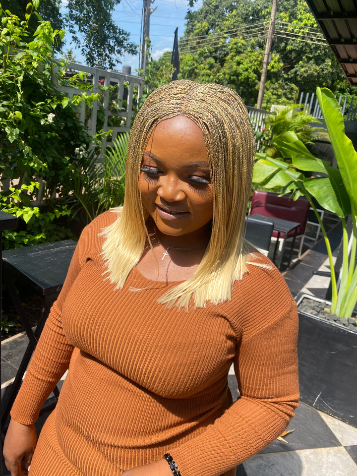 Fast Ship Micro Braids Lace Wig|Easy install hair- Bob Nano blonde