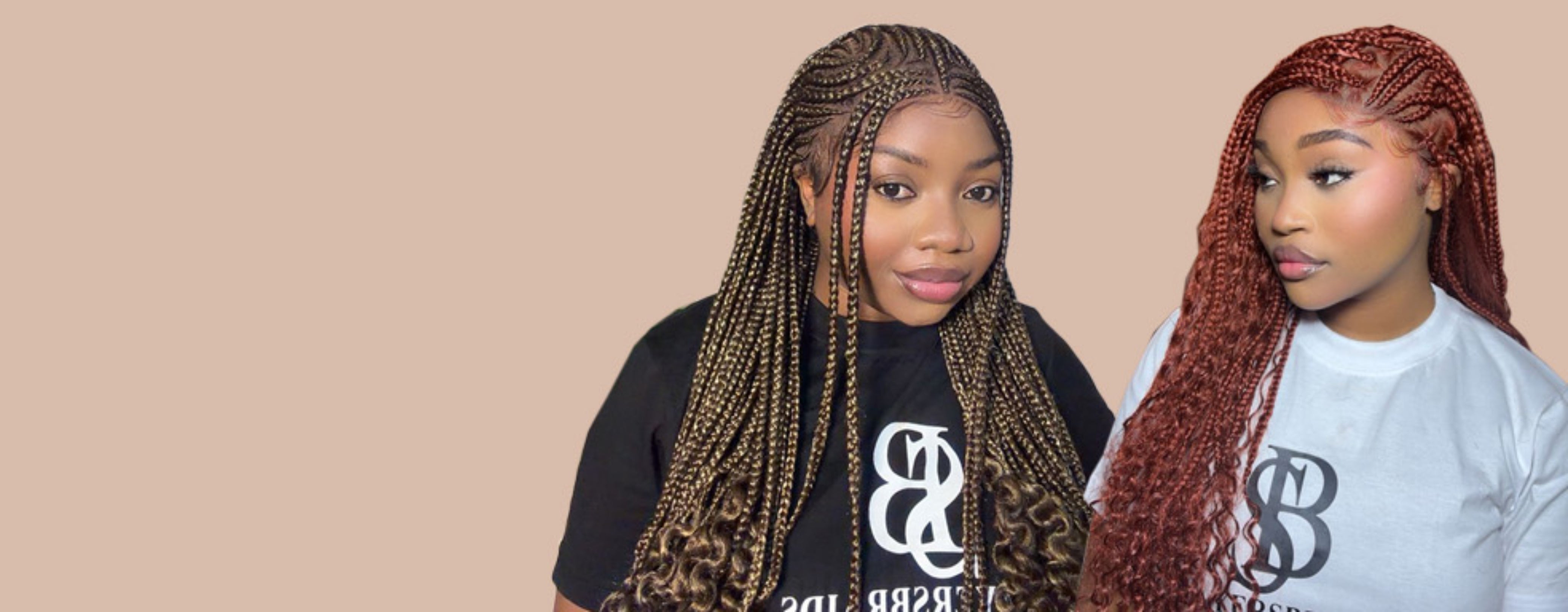 Women showcasing long braided hairstyles in black and burgundy | Slayer Braids