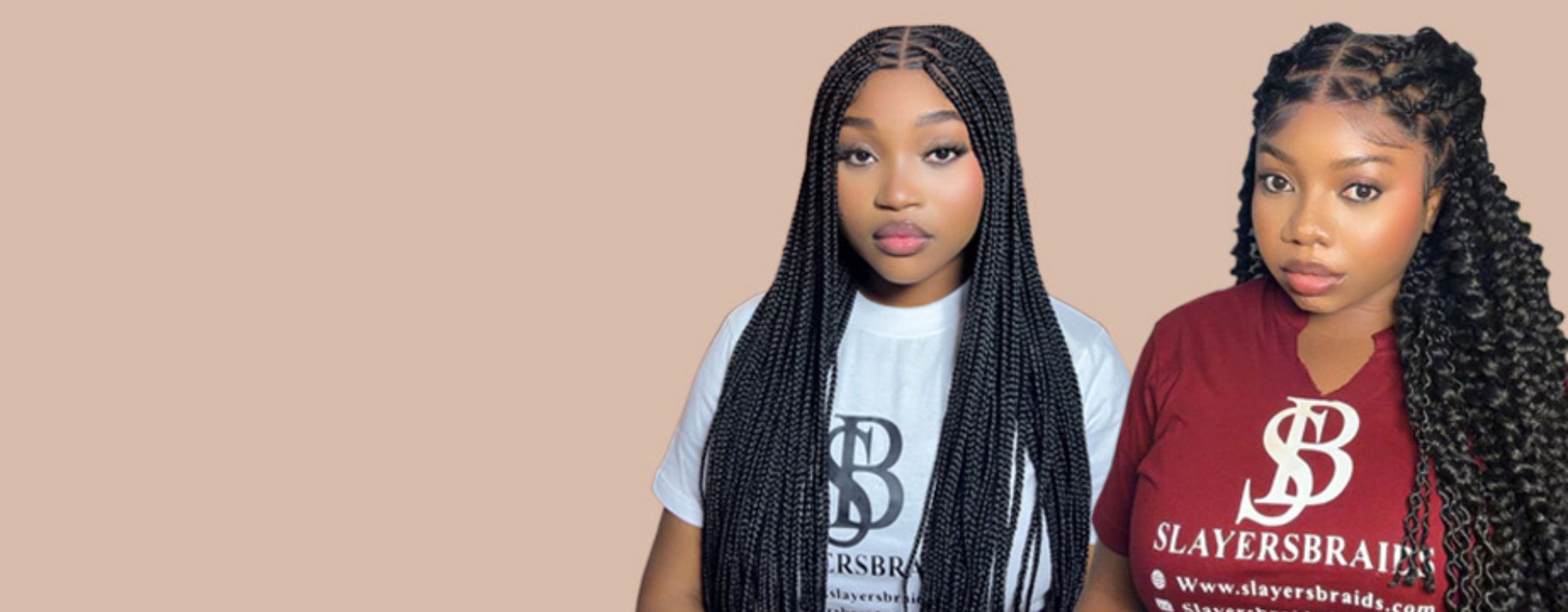 Women showcasing long box braids and curly braided hairstyles | Slayer Braids
