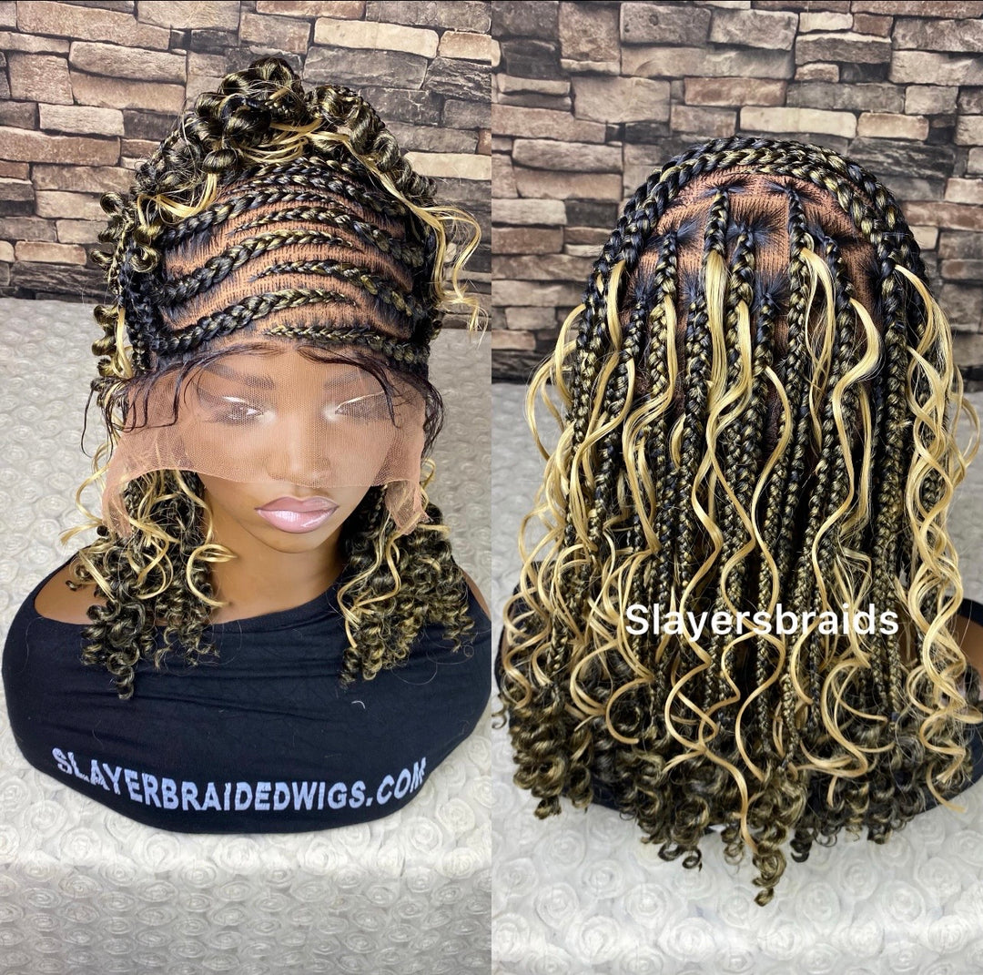 Braided Cornrow Wig: Full Lace Curly Bob, Mix Blonde -Ella Unit