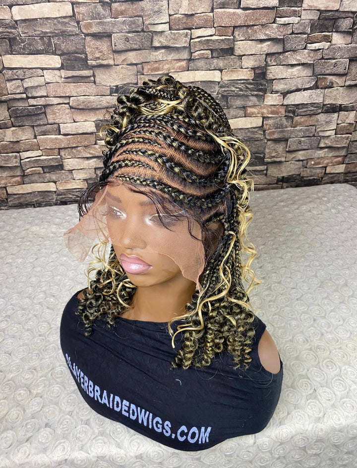 Braided Cornrow Wig: Full Lace Curly Bob, Mix Blonde -Ella Unit