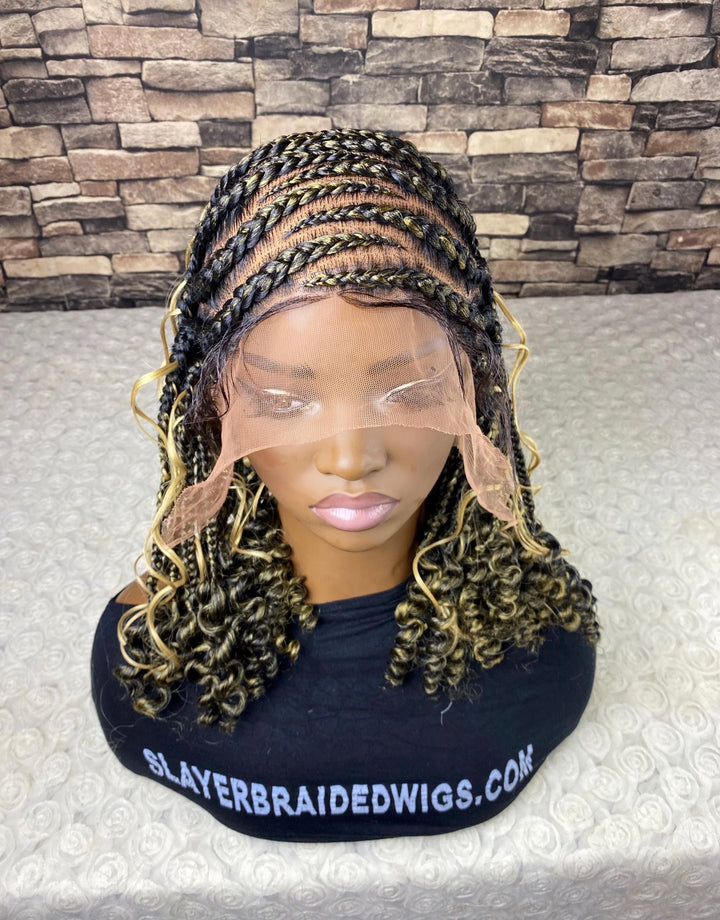 Braided Cornrow Wig: Full Lace Curly Bob, Mix Blonde -Ella Unit