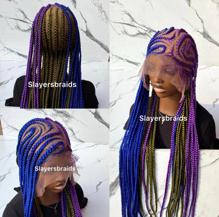 Fulani Braid Wig: Purple, Camo Green, Blue Full Lace Wig -Tise